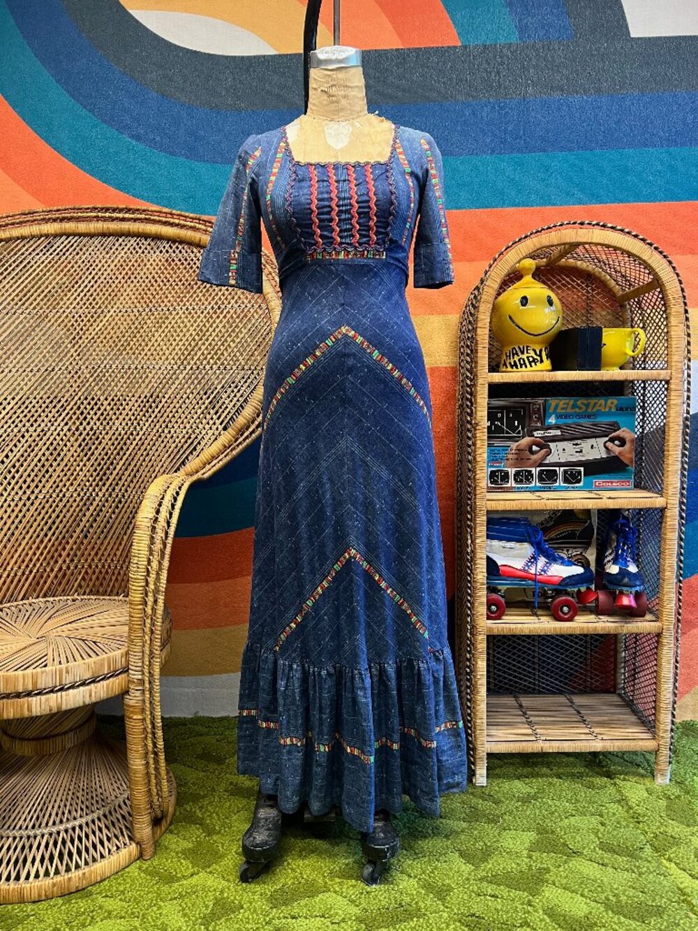 Vintage 1970s Terri Juniors Faux Denim & Embroidered Look Boho Maxi Dress Size 7